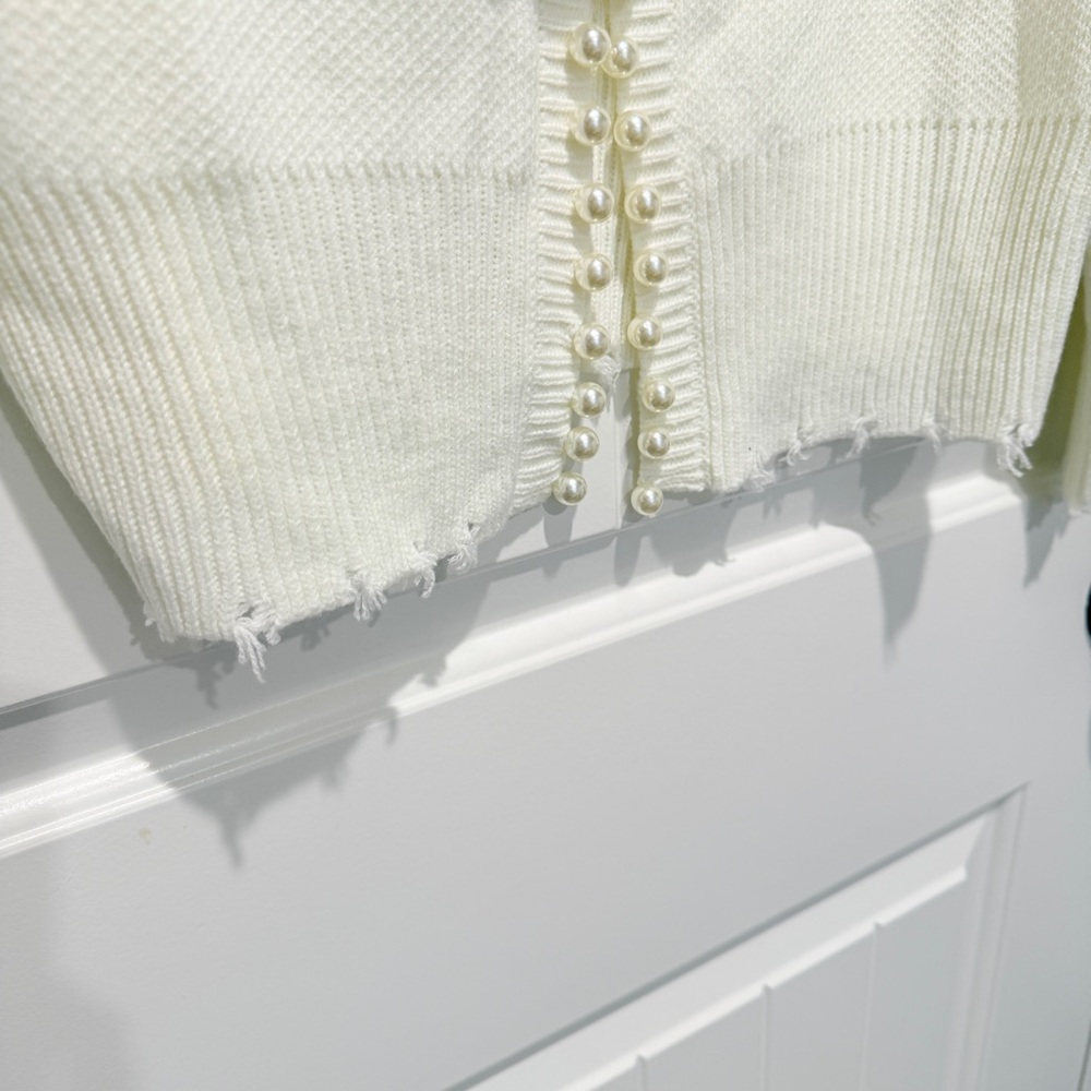 White Open-Front Cardigan with Pearls and distressing - Picture 7 of 11